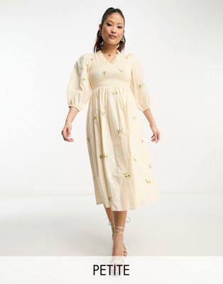 Y. A.S Petite shirred bodice smock midi dress with floral embroidery in cream-White