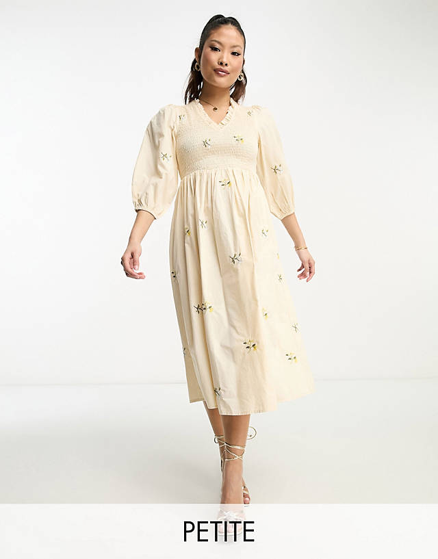 Y.A.S Petite - shirred bodice smock midi dress with floral embroidery in cream
