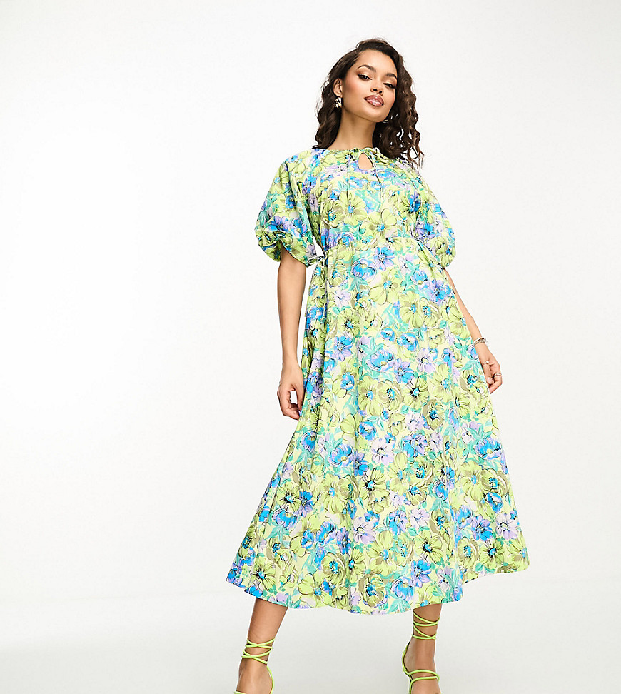 Y. A.S Petite smock midi dress with cut out side details in floral print-Multi