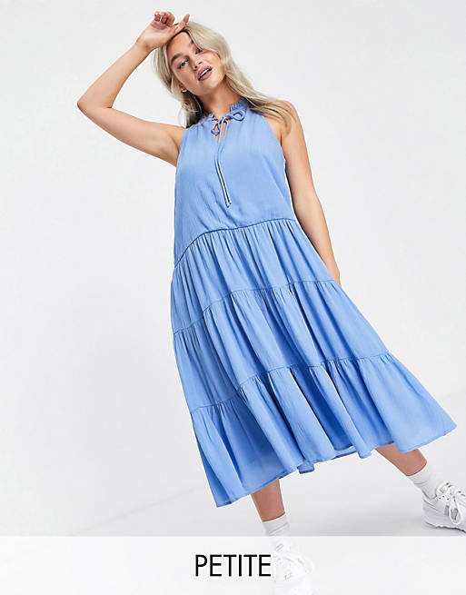 Y.A.S Petite tie neck tiered midi dress in blue