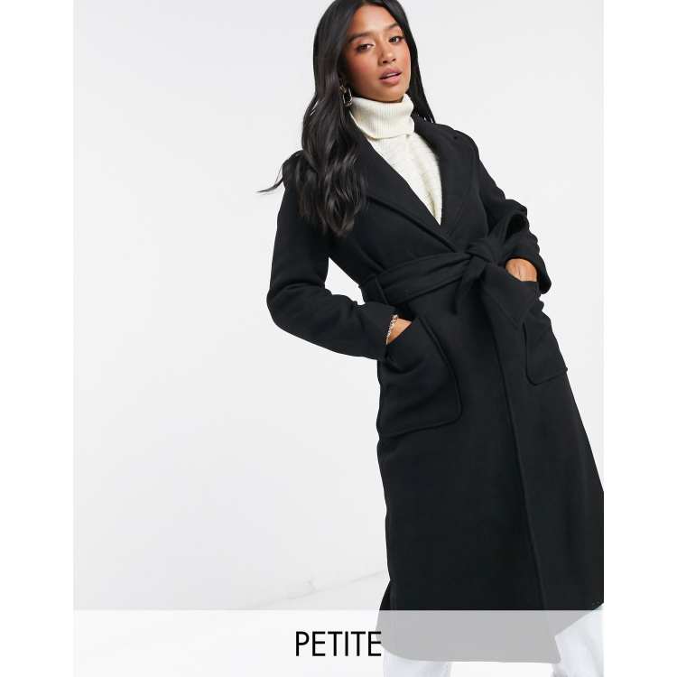 Y.A.S Petite wool longline coat with tie waist belt in black