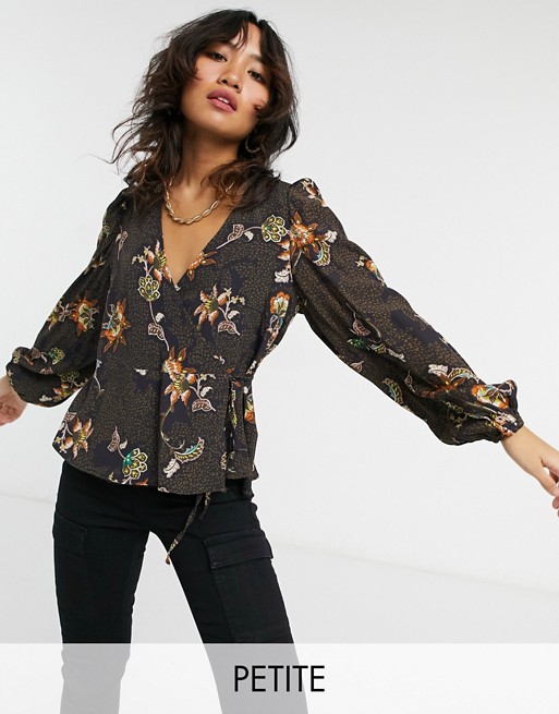 Y.A.S Petite wrap blouse with tie side in black and khaki mixed print