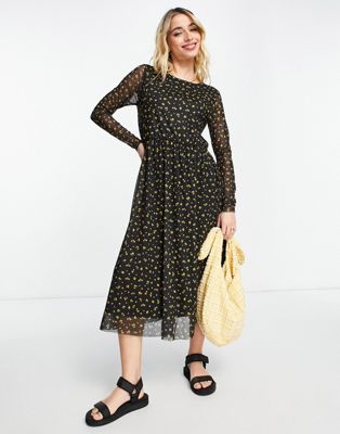 Y.A.S Philly printed mesh midi dress in black