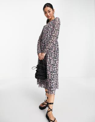 Printed ruffle bib midi cheap dress