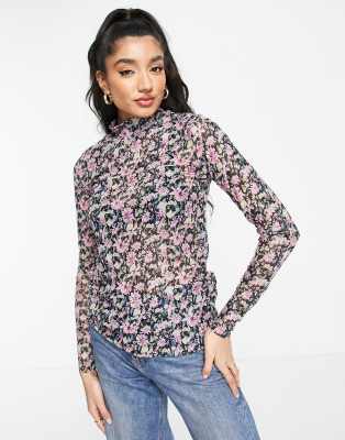 Weekday polyester high neck mesh top in blue flower print - MULTI, Compare