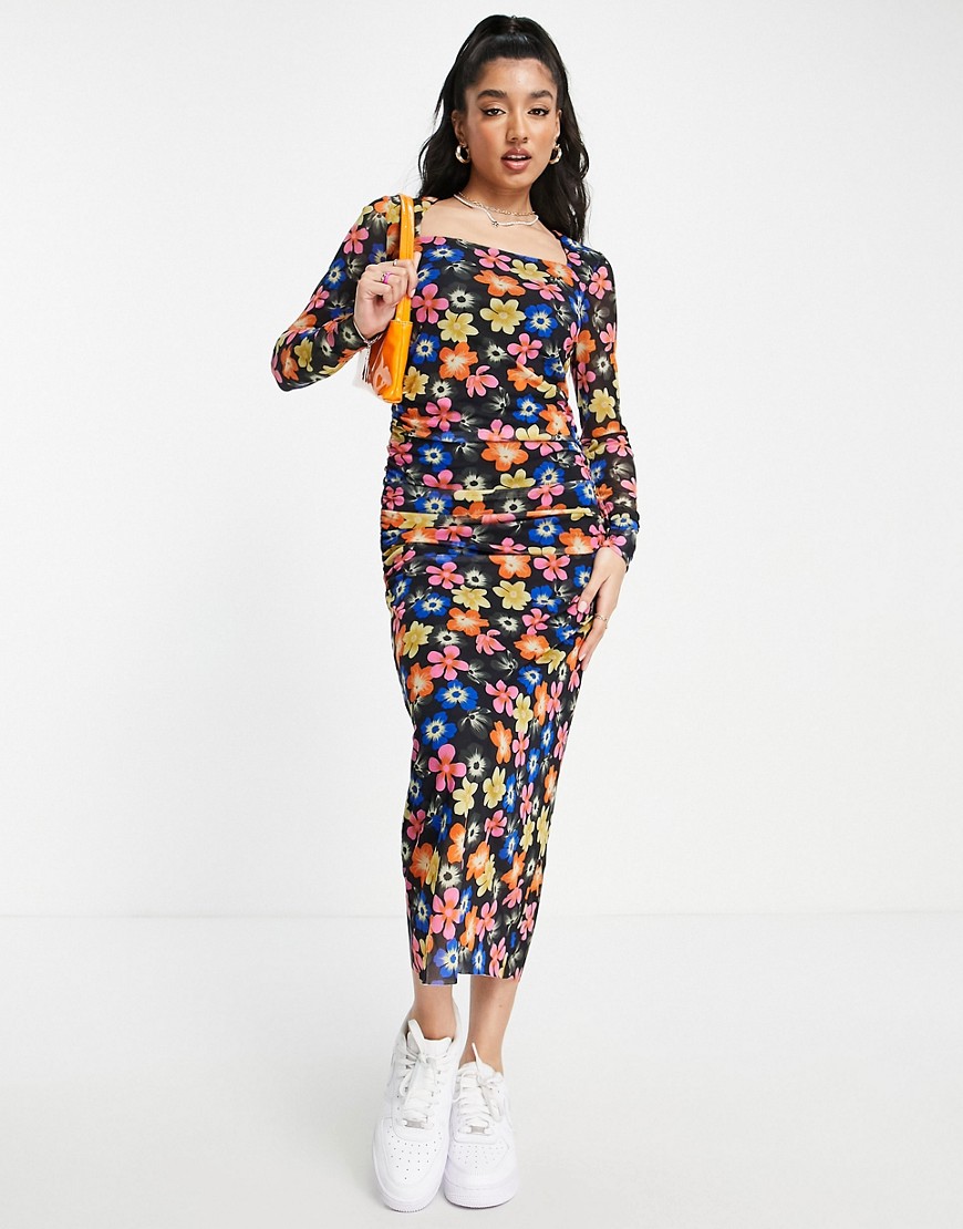 Y. A.S Philly ruched side mesh midi dress in floral-Multi