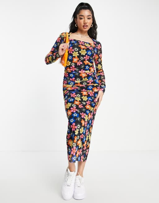 Y.A.S Philly ruched side mesh midi dress in floral