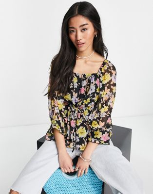 Y.A.S. Pima floral print volume sleeve blouse in black