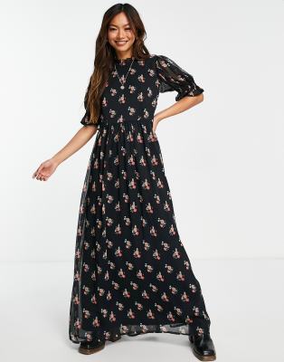 YAS Y.A.S. Pima printed mesh maxi dress in black
