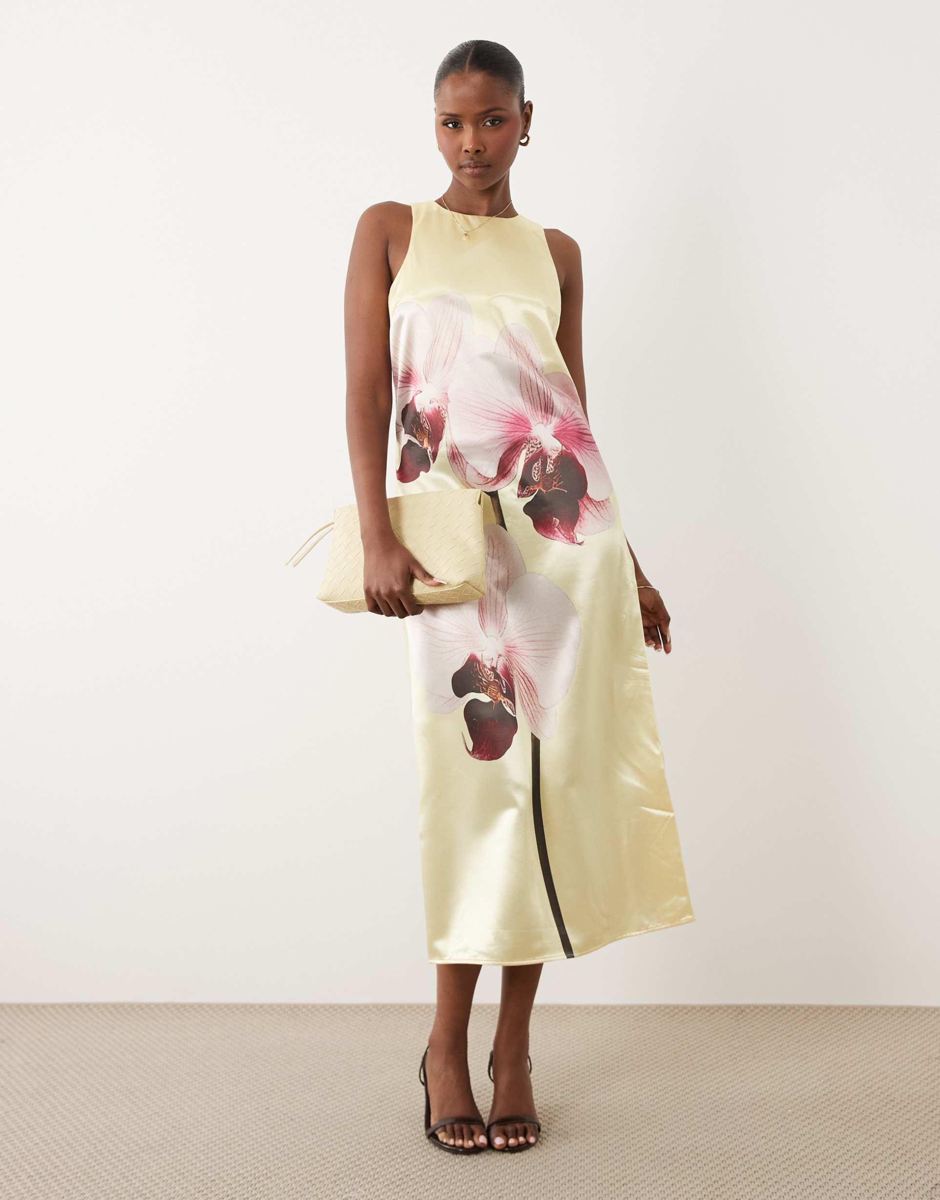 yas placement orchid print satin racer maxi dress in pale yellow