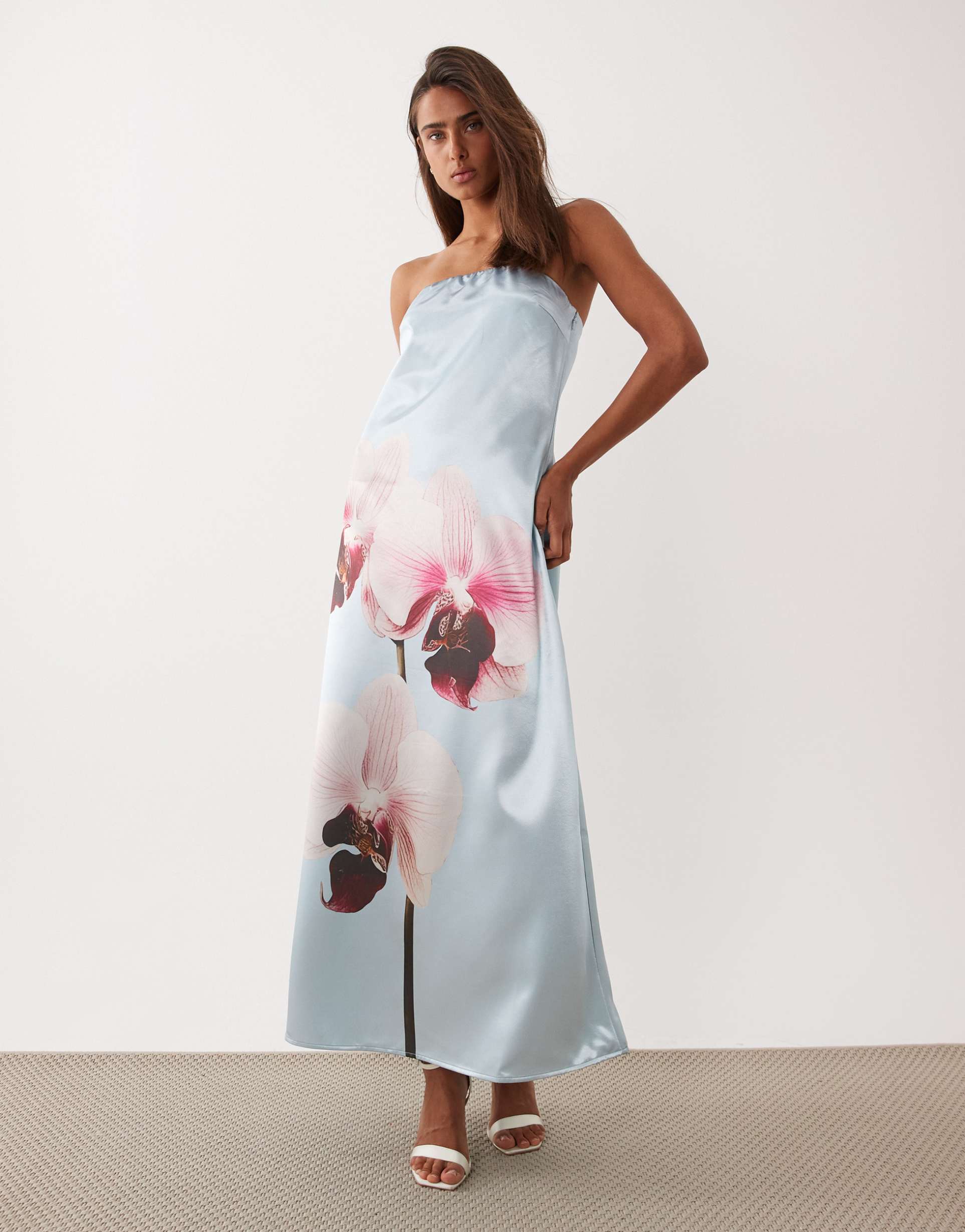 yas placement orchid print strapless satin maxi dress in pale blue