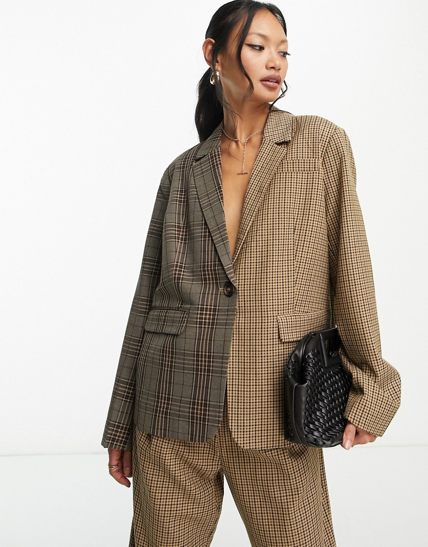 Y.A.S plaid spliced tailored blazer in brown