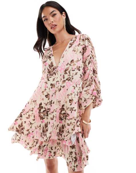 YAS pleated ruched full sleeve mini dress with low v beck in pink floral - MULTI - view 1