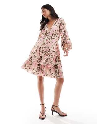 Y.a.s. Pleated Ruched Full Sleeve Mini Dress With Low V Beck In Pink