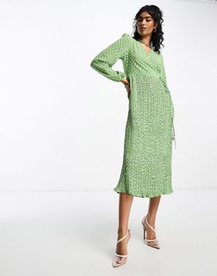 Y.A.S pleated skirt midi dress in green abstract print