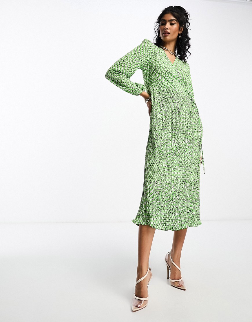 Y. A.S pleated skirt midi dress in green abstract print