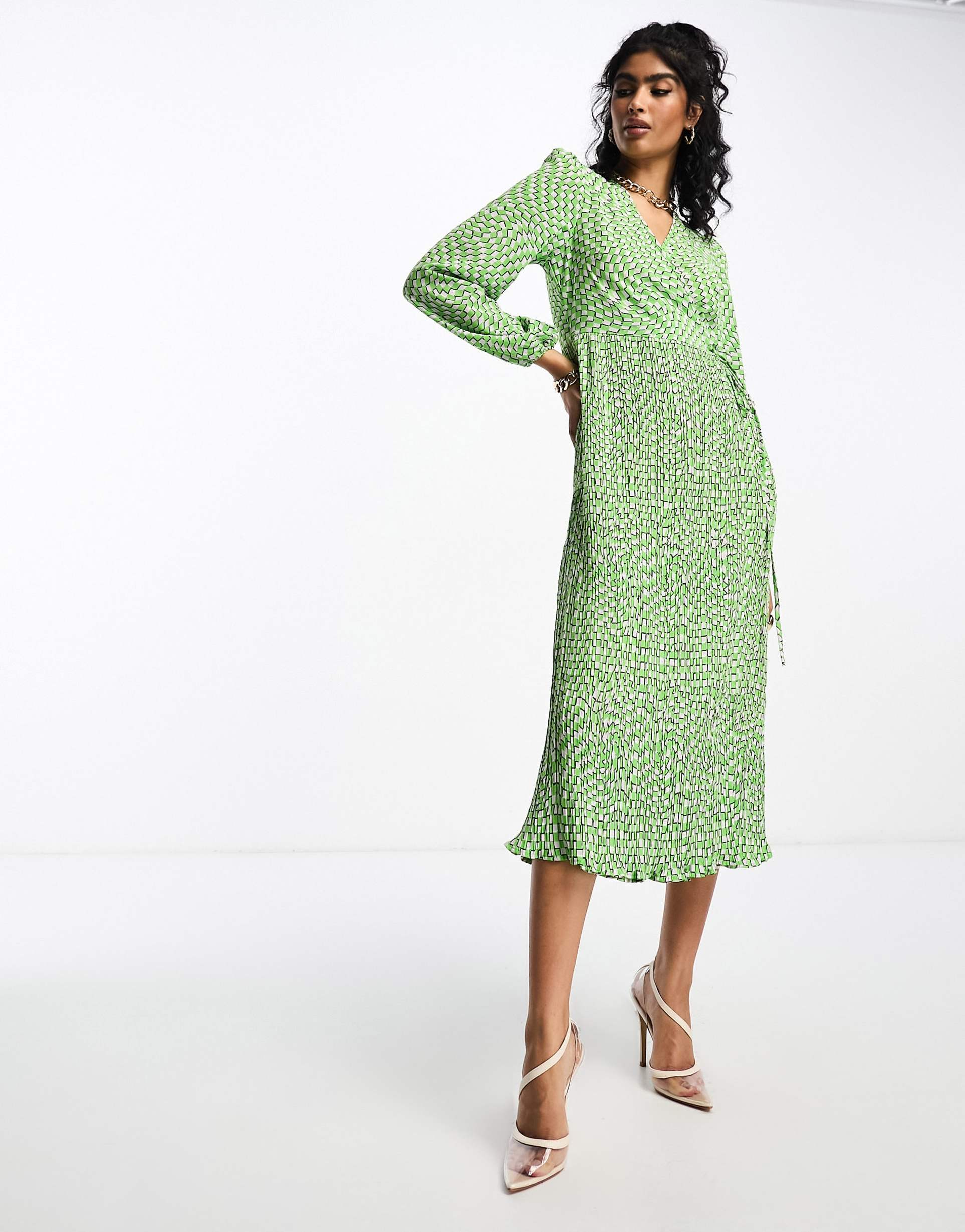 y.a.s pleated skirt midi dress in green abstract print