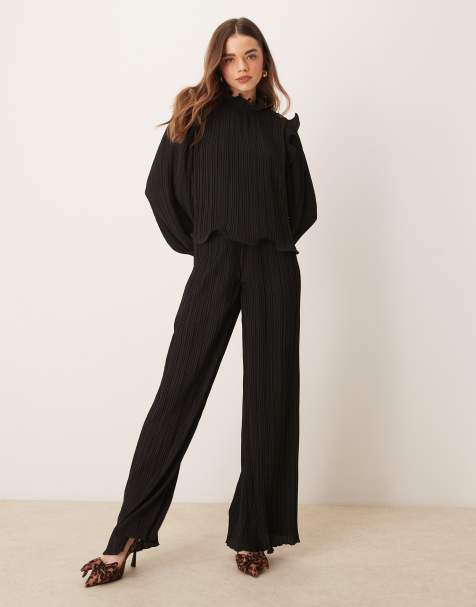 YAS high waisted wide leg plisse trouser co-ord in black