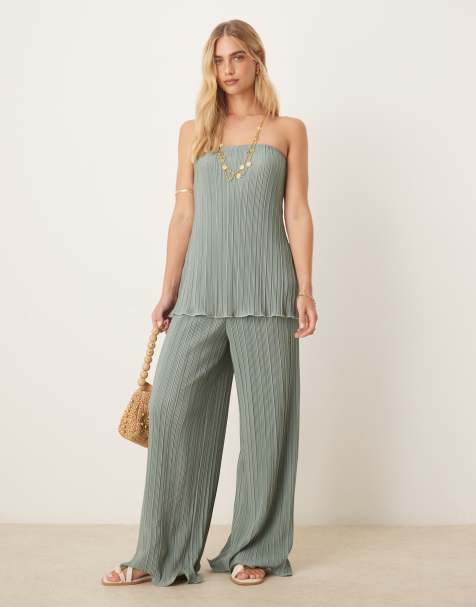 YAS plisse bandeau and wide leg pants set with exaggerated hem in soft green - view 1