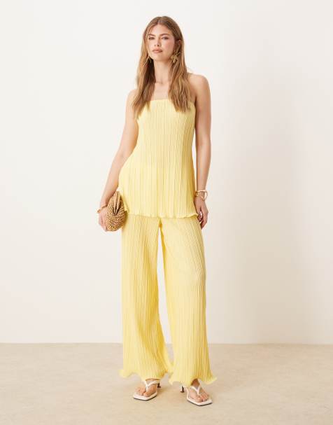 YAS plisse bandeau top and wide leg pants set with exaggerated hem in vanilla yellow - view 1