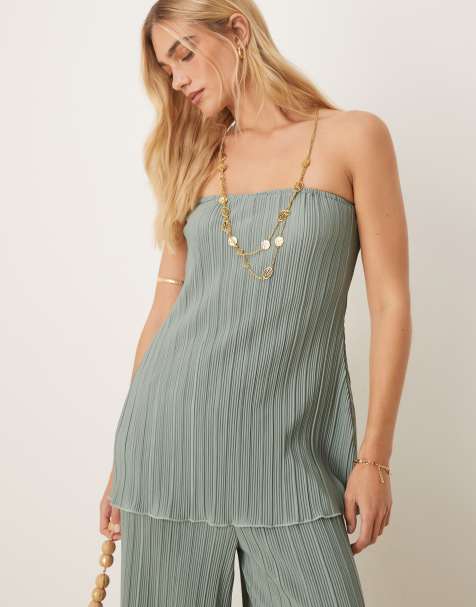 YAS plisse bandeau with rolled hem detail in soft green - part of a set - view 1