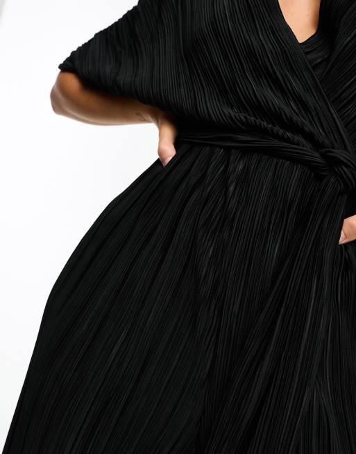 In The Style exclusive satin wrap detail pleated wide leg jumpsuit with  belt in black