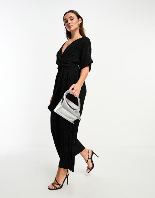 In The Style exclusive satin wrap detail pleated wide leg jumpsuit with  belt in black