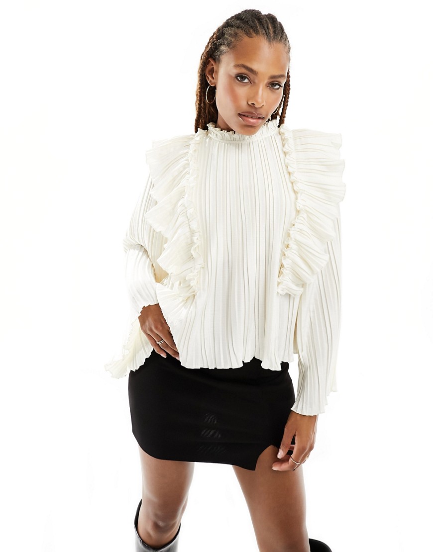Y. A.S plisse frill front top in cream-Neutral