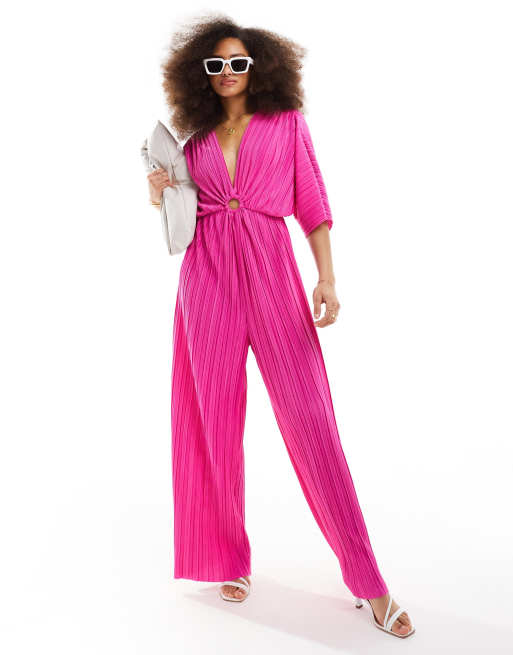 YAS - Plissé jumpsuit met wijde pijpen en blousonmouwen in roze