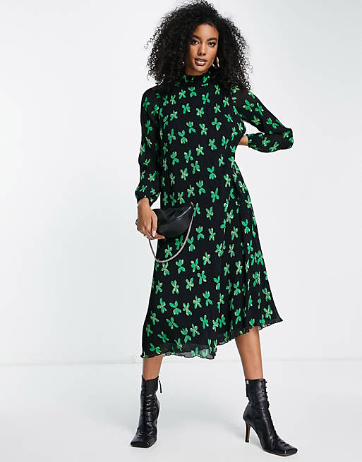 Y.A.S plisse midi dress in green floral print