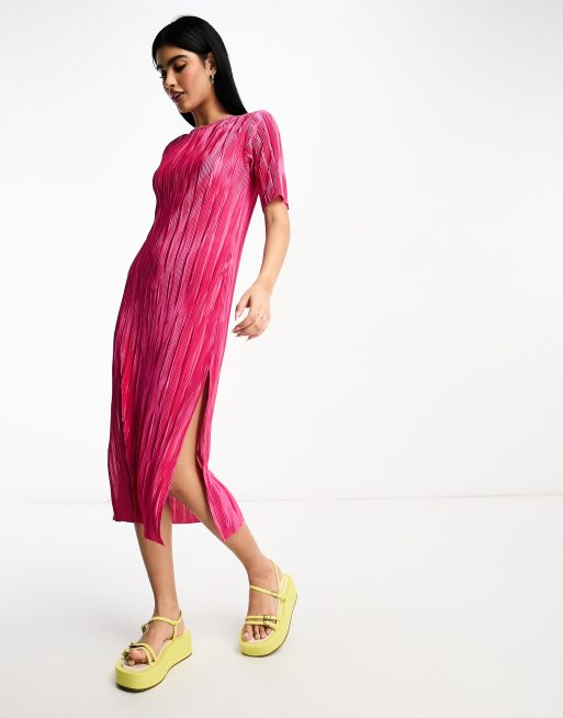 Y.A.S plisse midi dress in magenta pink