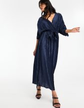 ASOS DESIGN Maternity wrap midi dress in hi- shine Navy satin