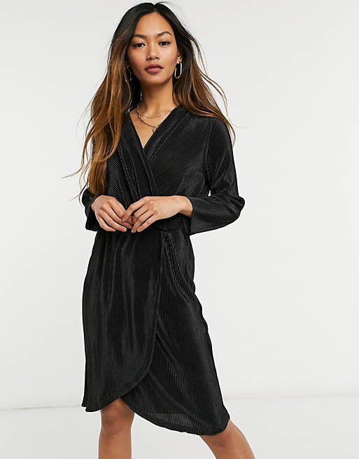 Y.A.S plisse mini dress with wrap front and 3/4 length sleeves in black