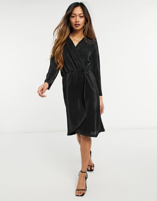 Y.A.S plisse mini dress with wrap front and 3/4 length sleeves in black, 4 of 4