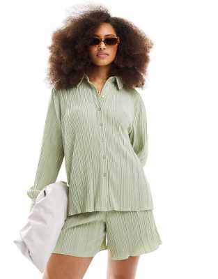YAS Y.A.S plisse shirt co-ord in sage green