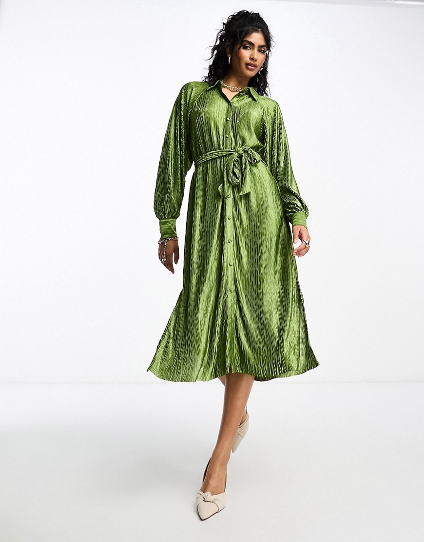 Y. A.S plisse shirt dress with tie belt in olive green