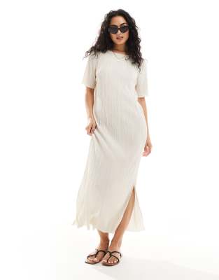 YAS YAS plisse t-shirt maxi dress in cream - CREAM-White