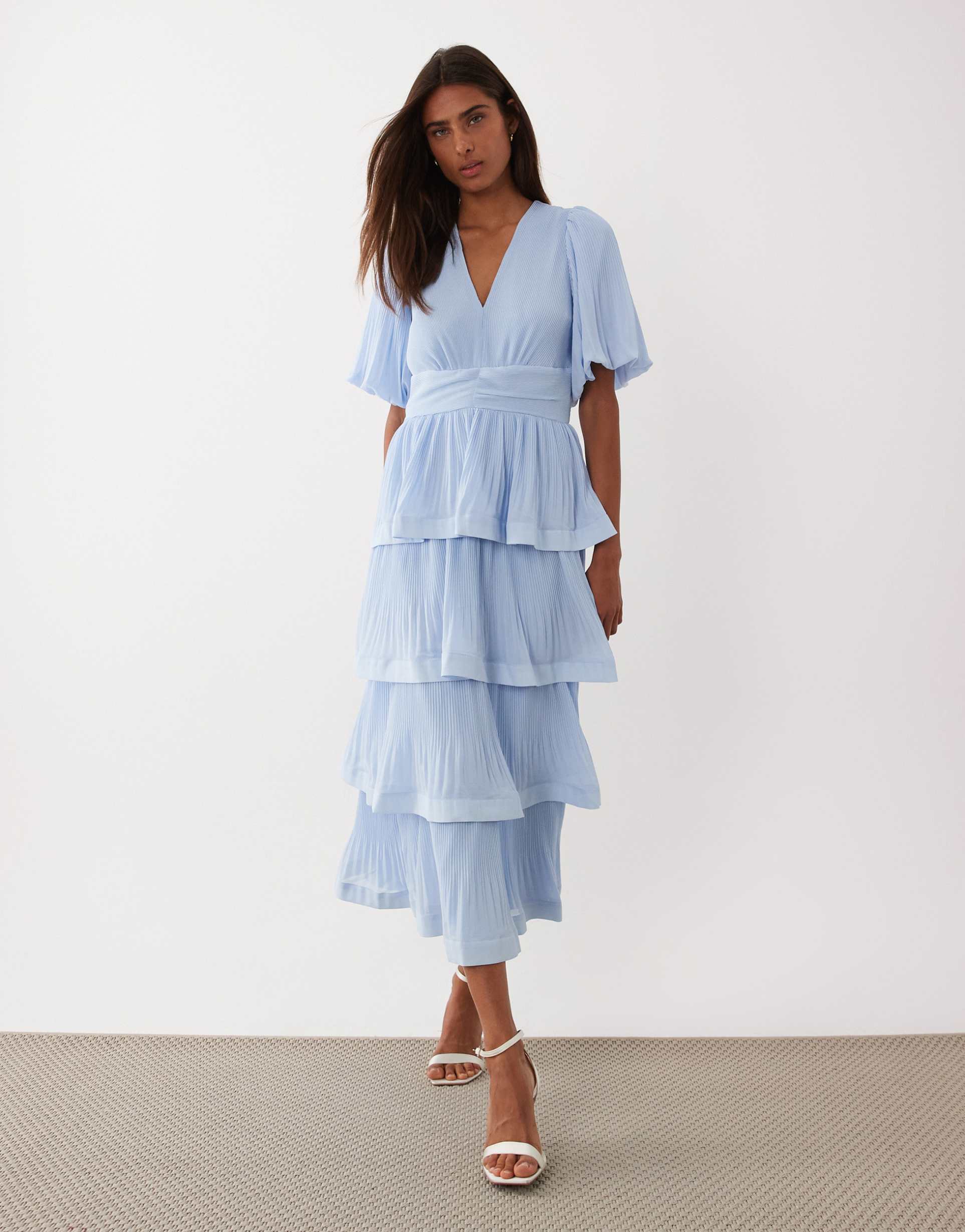 yas plissé tiered maxi dress in pale blue