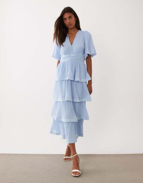 YAS plisse tiered maxi dress in pale blue