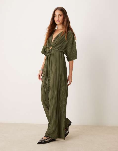 YAS plisse wide leg jumpsuit in khaki green - view 1