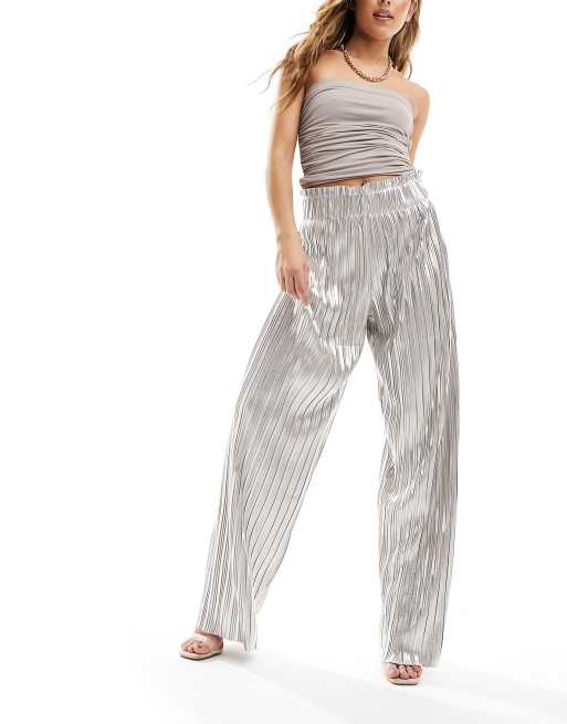 Y.A.S plisse wide leg pants in metallic silver