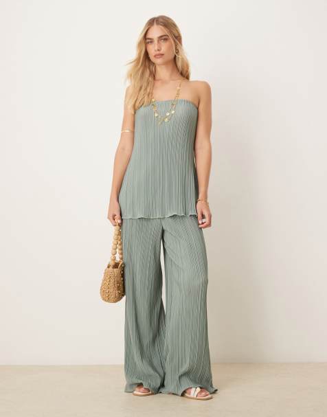 YAS plisse wide leg pants with rolled hem detail in soft green (part of a set) - view 1
