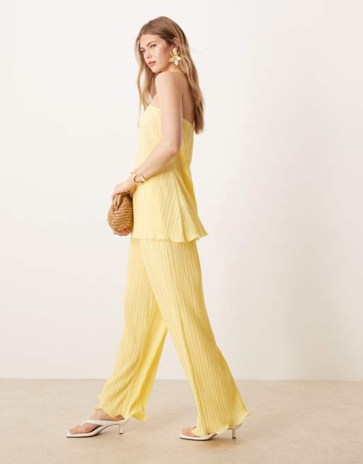 YAS plisse wide leg pants with rolled hem detail in vanilla yellow - part of a set