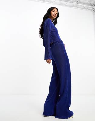 YAS Y.A.S plisse wide leg trouser co-ord in blue