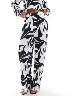 YAS plisse wide leg trouser co-ord in mono print - BLACK