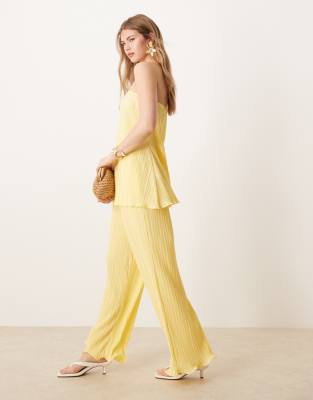 YAS YAS plisse wide leg trouser co-ord with rolled hem detail in vanilla yellow