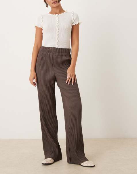 YAS plisse wide leg trousers in chocolate brown - view 1