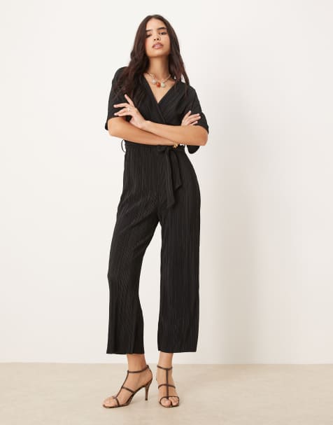 YAS plisse wrap front jumpsuit in black - view 1