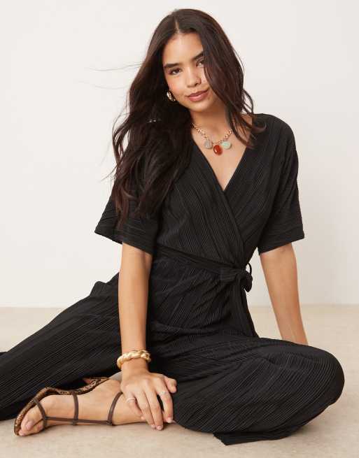 YAS plisse wrap front jumpsuit in black, 2 of 4