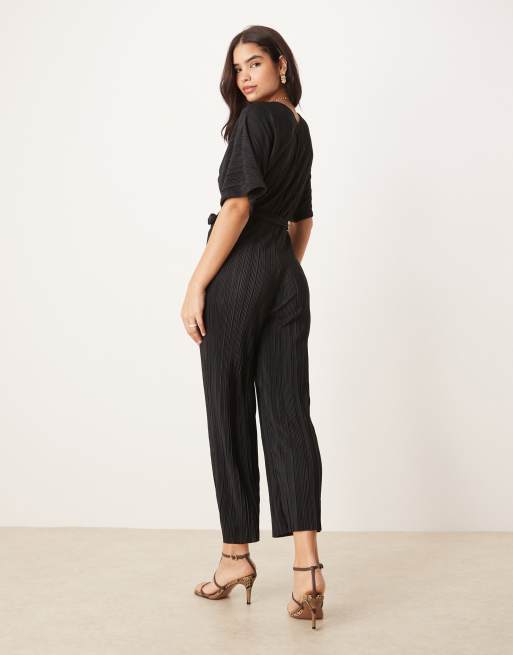 YAS plisse wrap front jumpsuit in black, 3 of 4